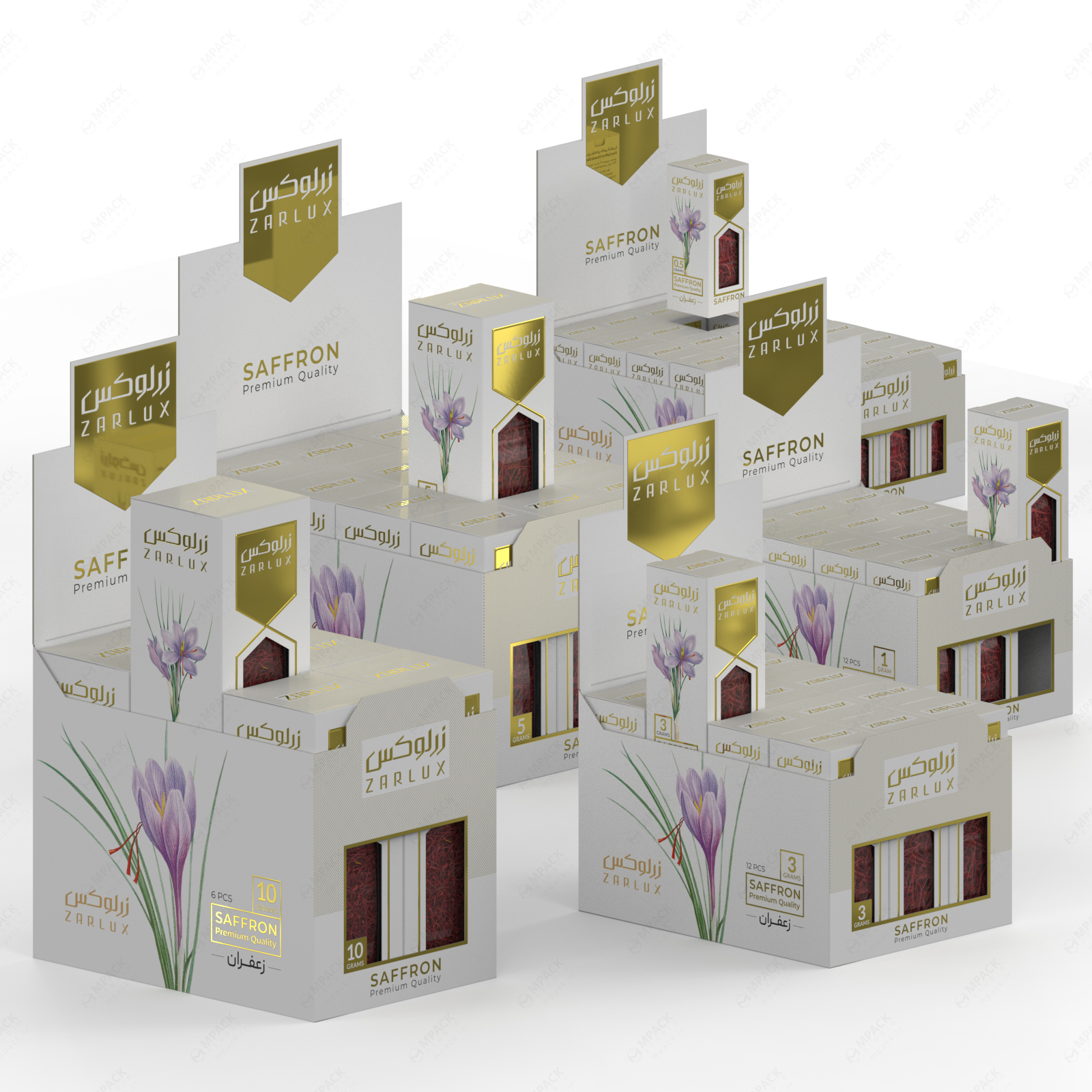 طراحی بسته بندی جعبه مادر برای هر وزن زعفران زرلوکس