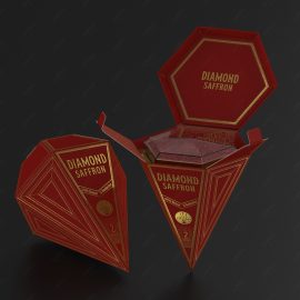 طراحی بسته بندی زعفران دیاموند با تکنیک طلاکوب و برجسته سازی