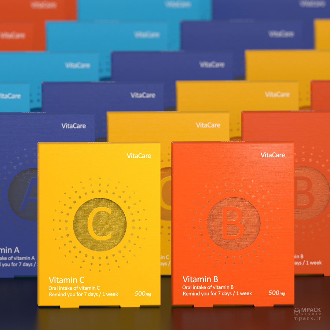 نمونه کار طراحی بسته بندی دارو قرص ویتامین ویتاکر VitaCare