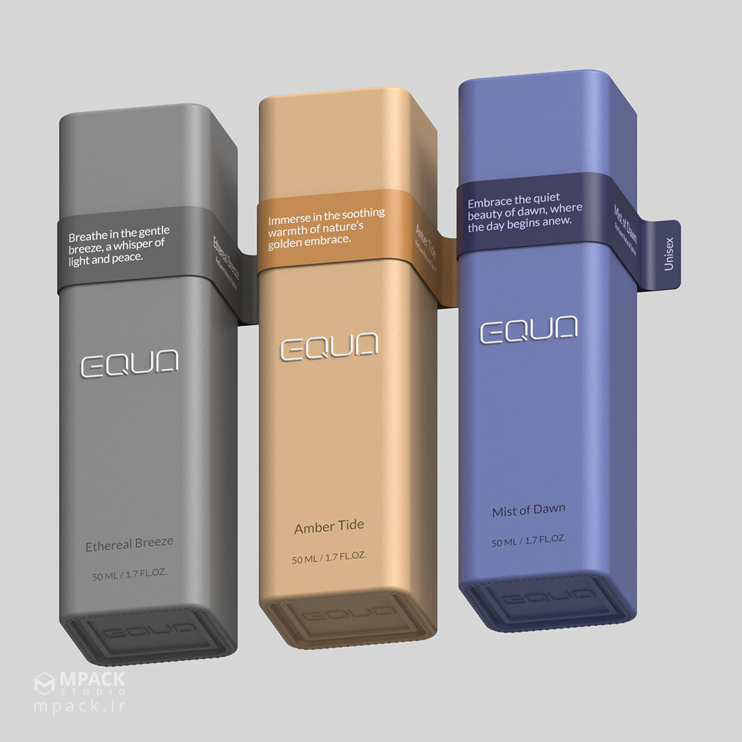 نمونه طراحی بسته بندی عطر و ادکلن EQUA همراه با طراحی لوگو و هویت بصری برند