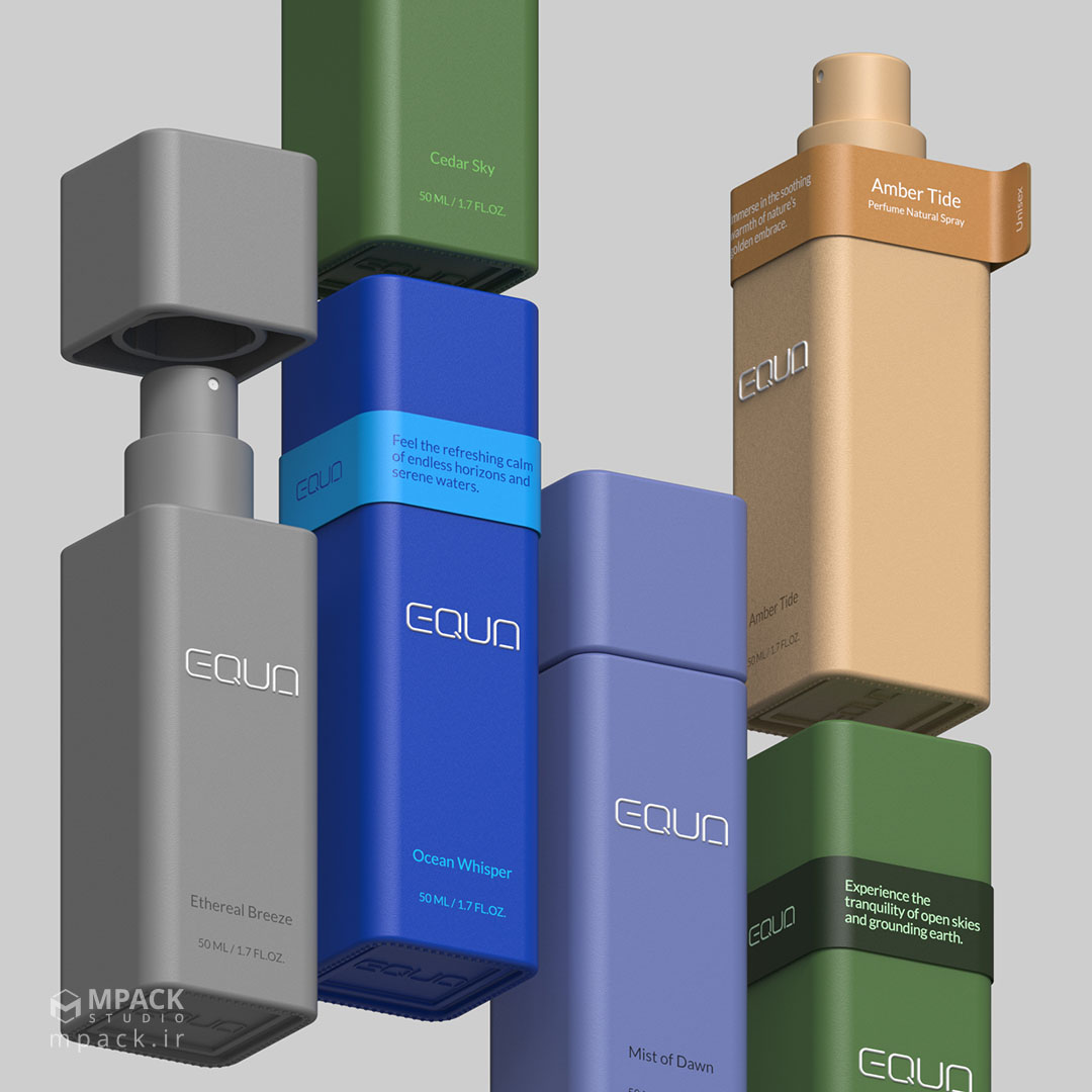 نمونه طراحی بسته بندی عطر و ادکلن EQUA همراه با طراحی لوگو و هویت بصری برند