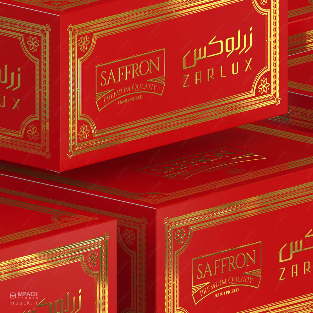 نمونه کار طراحی بسته بندی زعفران صادراتی فله سوپر نگین زرلوکس استودیو طراحی امپک