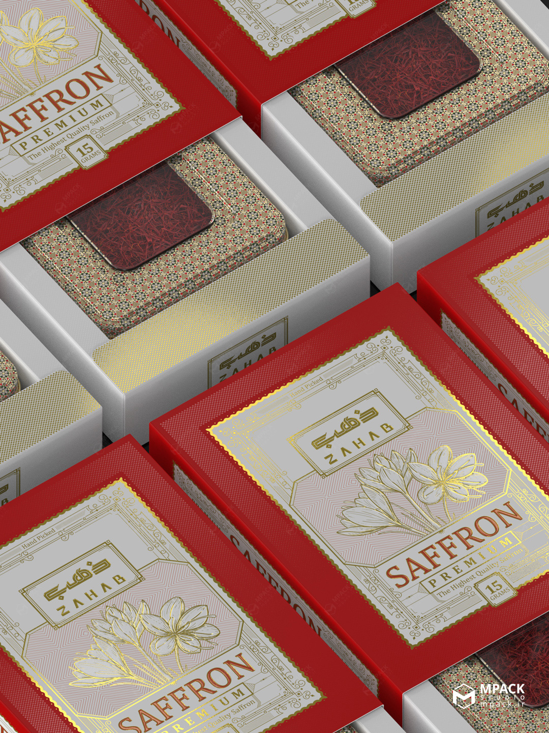طراحی بسته بندی زعفران صادراتی ذهب مخصوص قوطی فلزی خاتم